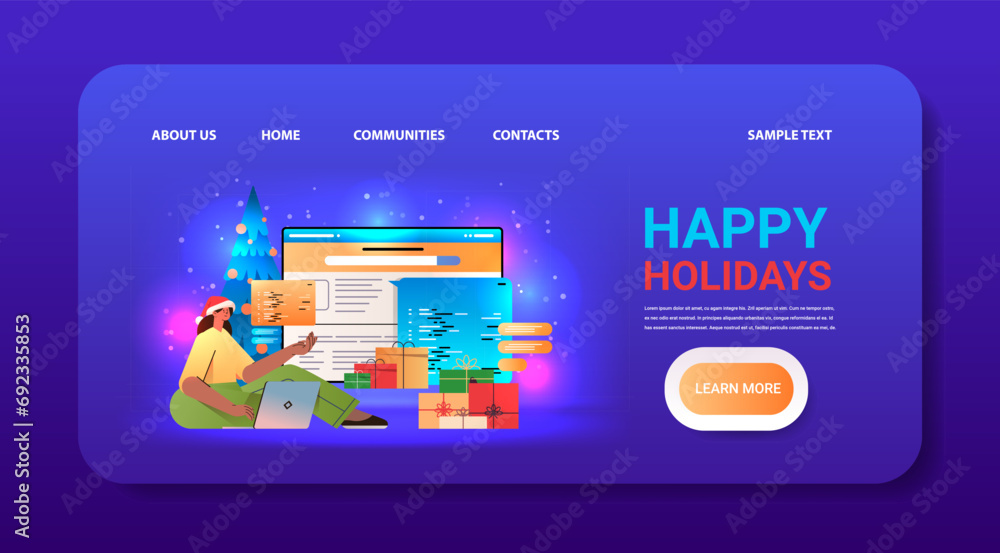Poster web developer woman in santa hat creating program code on laptop screen development of software and 