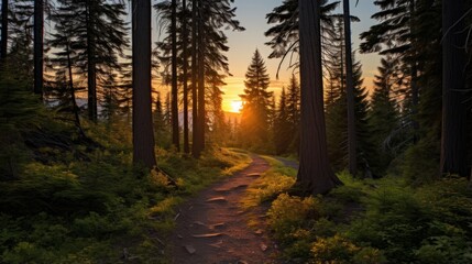 Obraz premium Hiking trail leading through a forest as the sun sets in the distance