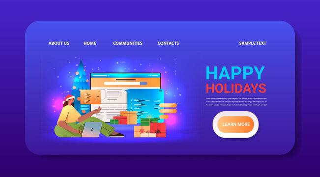 web developer woman in santa hat creating program code on laptop screen development of software and programming concept new year holidays celebration