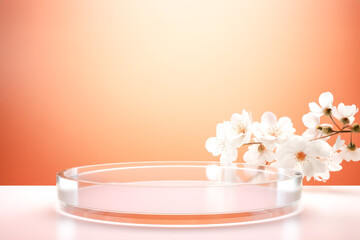 Obraz na płótnie Canvas Empty podium for presentation on peach fuzz color background with cherry blossom branch. Show case for natural cosmetic products. Concept scene stage for montage new product and promotion sale