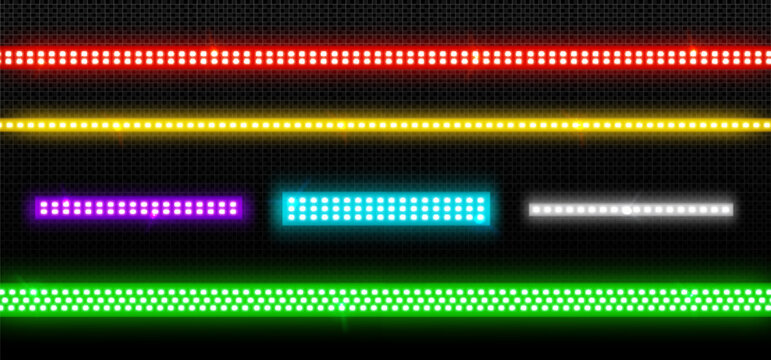 Neon led light strips set isolated on transparent background. Vector realistic illustration of red, yellow, purple, blue, white, green lamps with glowing diodes, night club or home design element