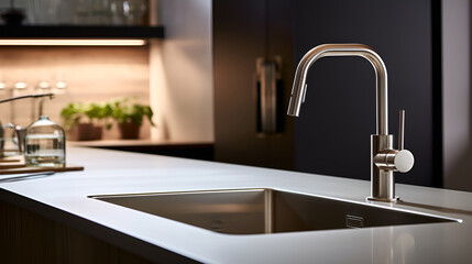 Kitchen water faucet. Water tap made of chrome material, interesting design. For a modern kitchen.
