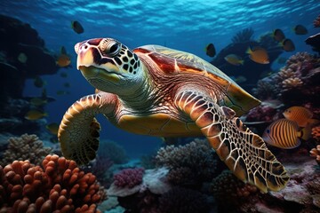 Obraz na płótnie Canvas A Graceful Sea Turtle's Ballet: Gliding through Clear Blue Ocean Waters, Embraced by the Vibrant Colors of Coral Reefs. Capturing the Elegance and Tranquility of Nature's Subaquatic Dance.