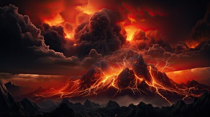 Volcanic Fury: Dramatic Landscape with Active Volcano Spewing Lava and Rugged Terrain
