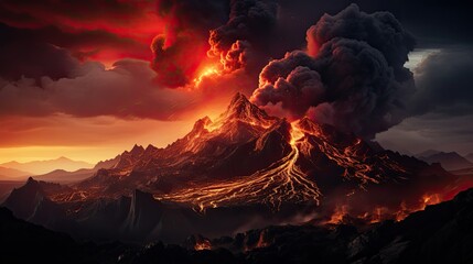 Volcanic Fury: Dramatic Landscape with Active Volcano Spewing Lava and Rugged Terrain
