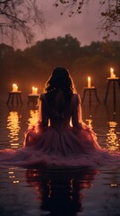 A beautiful young woman sits by the misty lake at dusk, wearing a dress with romantic candle light