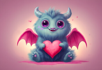 Naklejka premium Cute cartoon monster with wings holding a heart, on a pink background. Ideal for Valentine's Day or love-themed designs.