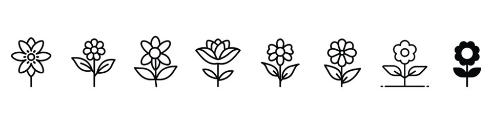 Flower icon. Black color flower shape icon, Icon set of flower. Flowers line icons set. Blooming plants - rose, tulip, daisy bouquet, Flower icons, flower icon © marufpro555777