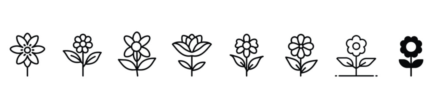 Flower icon. Black color flower shape icon, Icon set of flower. Flowers line icons set. Blooming plants - rose, tulip, daisy bouquet, Flower icons, flower icon