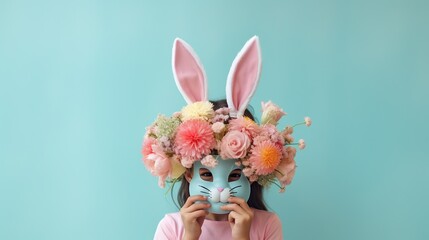 Surprised little girl with bunny ears and flowers on color background. Easter celebration - obrazy, fototapety, plakaty