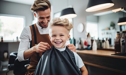 A Fatherly Barber Grooming a Young Boy's Hair - obrazy, fototapety, plakaty