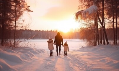 Winter Wonderland: A Father and His Kids Strolling Through the Snow