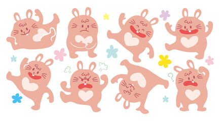 Easter happy bunny with variety emotion and action.Cute hand drawn style rabbit dance and laugh character.Set of bunny animal sticker.Collection avatar of cartoon bunny with white heart shape on belly