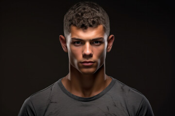 Fototapeta premium Dramatic concept Black and white close-up portrait of young handsome man looking forward. Studio shot on black background