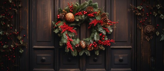 Fototapeta na wymiar Holiday wreath and artwork displayed on door.