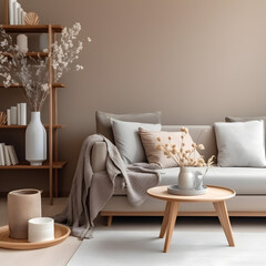 Modern interior design of living room with brown wooden sofa, gray bookstand, glassy vase with flowers, decoration and elegant accessories. Beige and japandi concept. Stylish home staging.