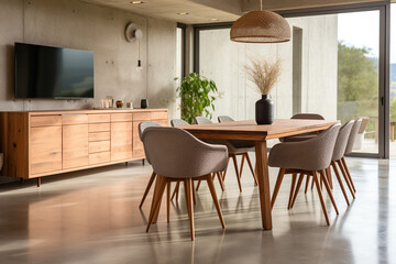  Clean the kitchen interior with a set of wooden chairs and tables with window lighting.