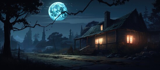 Moonlit evening near a lovely home. - obrazy, fototapety, plakaty