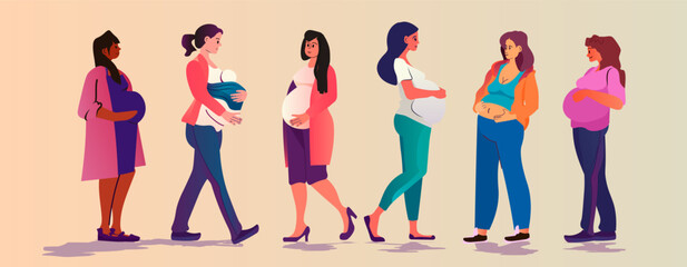 mix race pregnant women future moms standing together and discussing during meeting pregnancy motherhood expectation
