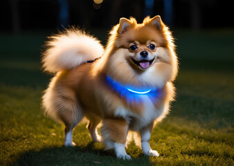 夜道も安心　光る首輪をつけたポメラニアン