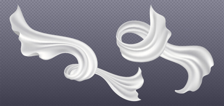 Sheet of white silk ribbon flying and flowing in air. Realistic vector illustration set of satin cloth or curtain wave on wind. Breeze blowing and curving pieces of fabric drapery tape with folds.