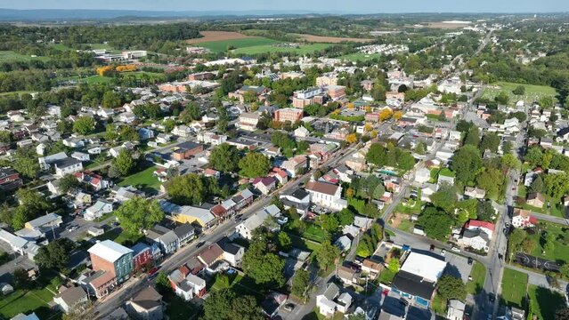 American town during early autumn. Aerial view of Annville, Pennsylvania during fall.