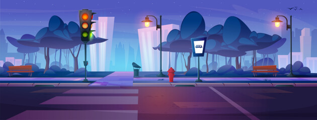 Dark night city street sidewalk near public park with pedestrian walkway across road, traffic light and bus stop sign. Cartoon vector illustration of empty evening pavement near highway with crosswalk © klyaksun
