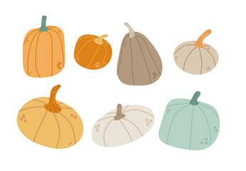 set different pumpkins autumn harvest festival happy thanksgiving holiday celebration