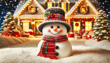 Snowman in front of a beautiful Christmas house with lights in the background. 