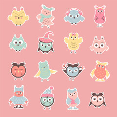Cute funny owls sticker set. Winter characters in different clothing and various poses. Colorful vector illustration in flat cartoon style.