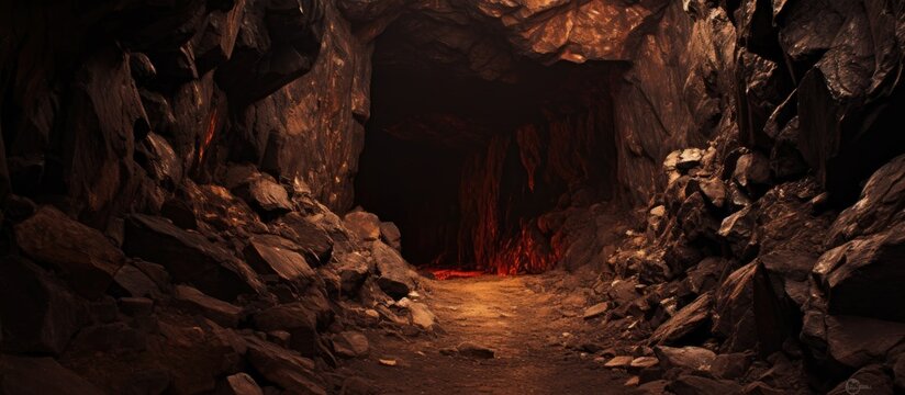 Fototapeta Collapsed mine tunnel in Karmadon gorge, dark and dirty.