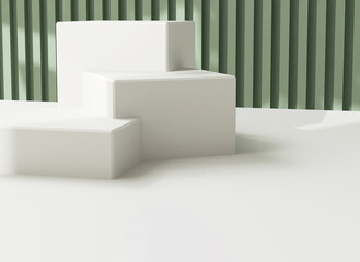 Three modern white cuboid podium, geometric pedestal on counter, dappled light on green corrugated...