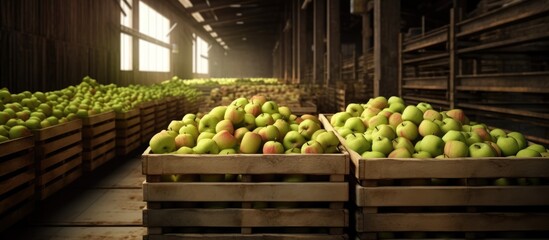 Apples and crates in the factory warehouse - obrazy, fototapety, plakaty