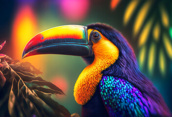 Bright vibrant Toucan bird isolated on black background. Generative AI	