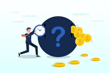 Businessman investor push clock in return of money coins, time investment to make money, side hustle or revenue income, long term investment, pension or mutual fund, time value of money (Vector) - obrazy, fototapety, plakaty