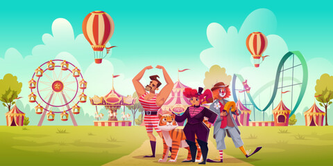 Retro circus actors in theme park. Vector cartoon illustration of clown, female tamer with tiger and strongman in vintage costumes inviting guests to funfair carousel, ferris wheel, roller coaster - obrazy, fototapety, plakaty