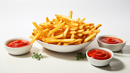 French Fries with ketchups on the white background AI Generative