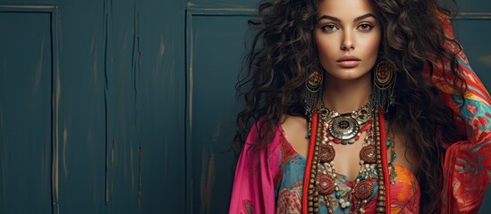 Trendy boho woman with Indian-inspired bohemian attire and accessories