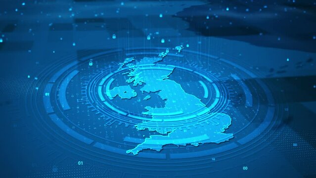 Futuristic technology digital circle security system United Kingdom map HUD
