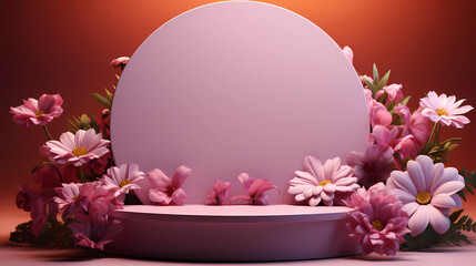 Botanical podium presentations with purple daisy flowers. Purple colour empty rounded showcase for product display presentation of fragrance, beauty, and cosmetics product.
