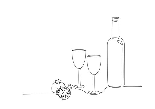 Bottle of wine with glass and pomegranate continuous one line drawing editable stroke. Single line drawing of bottle with alcohol, wineglass, glassware, fruit. Line art style for menu, banner, poster