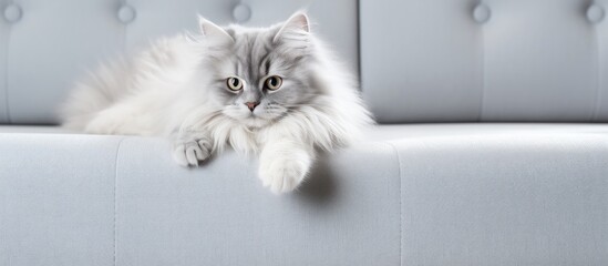 Gray matting sofa handle marred by white cat claws. - obrazy, fototapety, plakaty