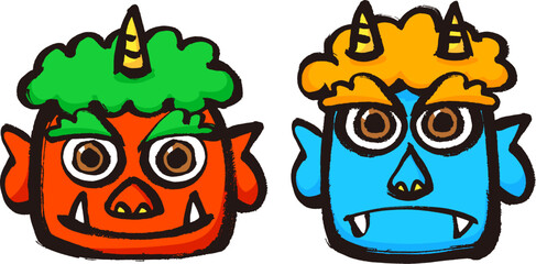 筆で描いた赤鬼と青鬼の顔