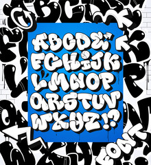 Cartoon graffiti style design elements. Font set white and black stroke alphabet letters 