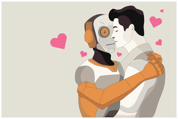 technology smart robot hug man, love - friend -family - brother - sister concept art, valentine heart card design, minimal flat vector illustration 