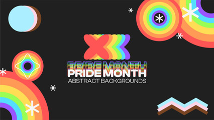 Obraz premium LGBT Pride Rainbow Brutalism Shapes Template with Circle Rings Corners, Black Background