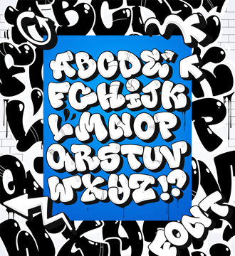 Cartoon graffiti style design elements. Font set white and black stroke alphabet letters 