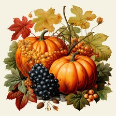 Festive Autumn Decor Pumpkins Berries Leaves, White Background, For Design And Printing