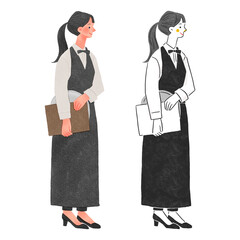 レストランで働くエプロンをする女性全身手描きイラスト