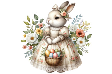 Watercolor Easter bunny with eggs Clipart , Easter basket and spring flowers , hand drawn , Botanical plant illustration cut out transparent isolated on white background ,PNG file